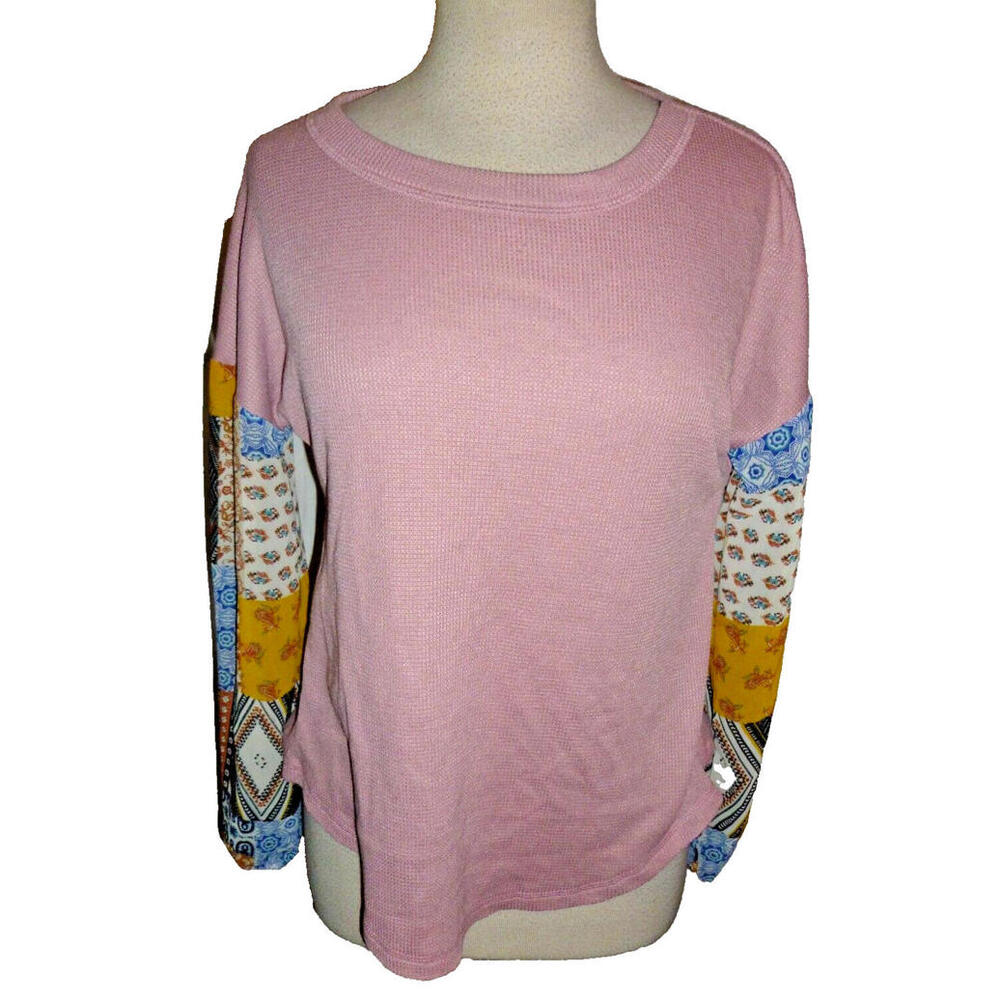 NWT Baea Womens Large Pink Waffle Knit Long‎ Sleeve T-Shirt $78 sz S Small